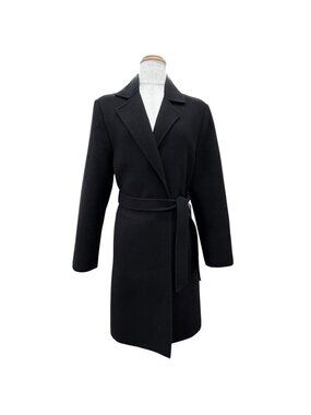 Max Mara White Tag 100% Virgin Wool Belt Wrap Coat Long Simple Black 36
